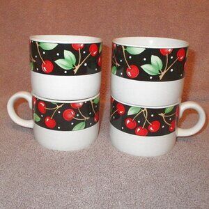 Vtg 1994 Mary Engelbreit Cherry Mugs Sakura Stoneware 4X Lot Polka Dot Retro